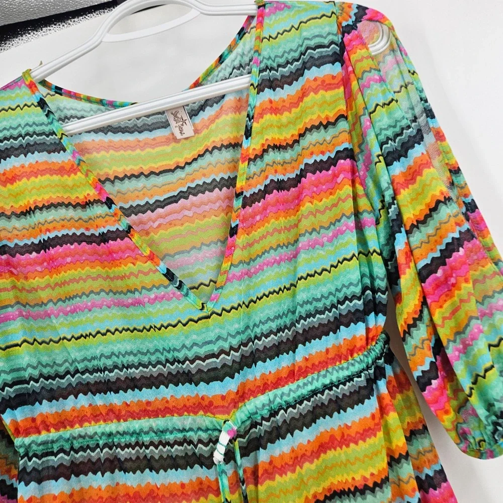 Luli Fama Coverup Dress Multicolor Mesh Sheer Striped Chevron V-neck Tunic Sz S